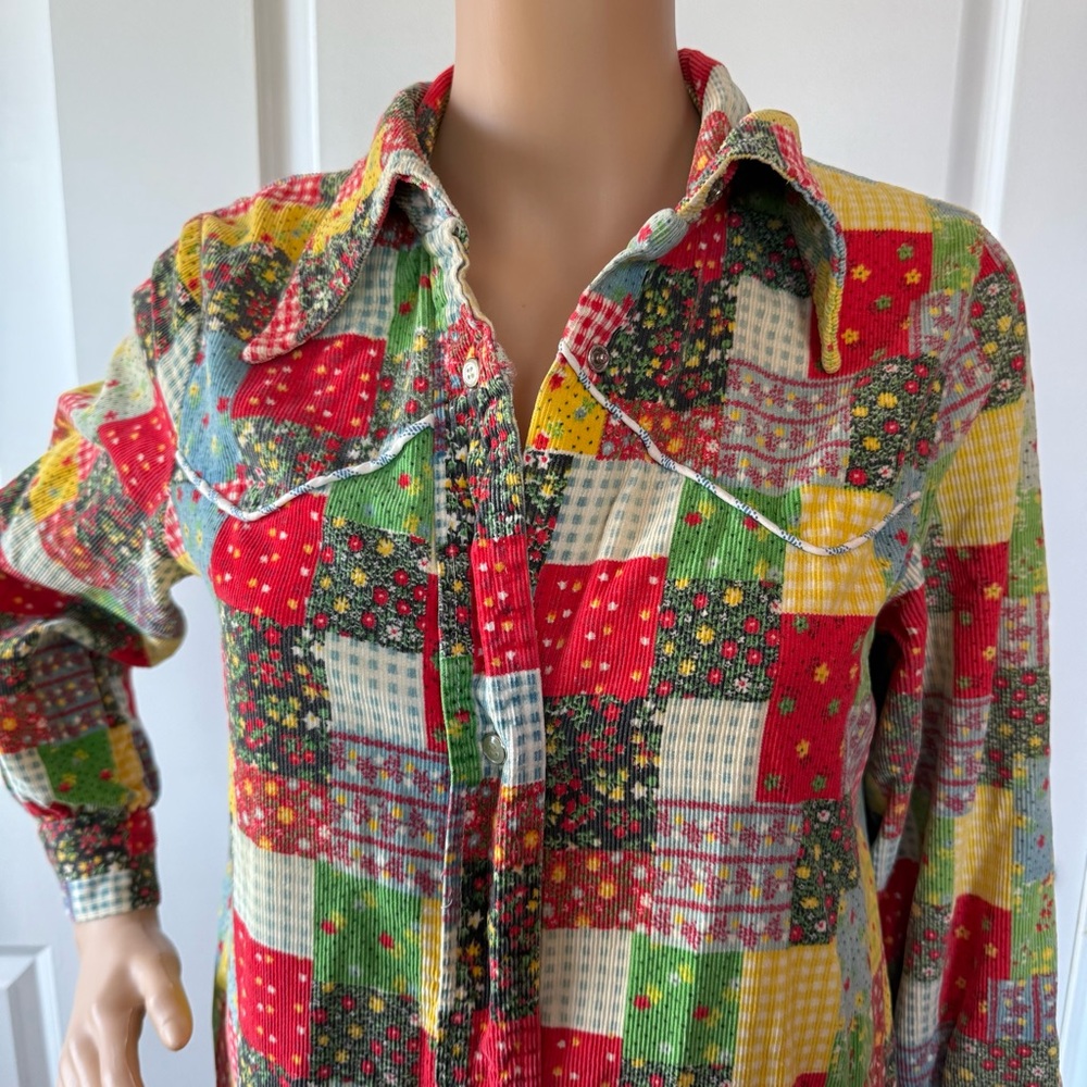 VINTAGE 60s 70s Colorful Patchwork Corduroy Snap Front Housecoat Robe M L hippie - Picture 2 of 14